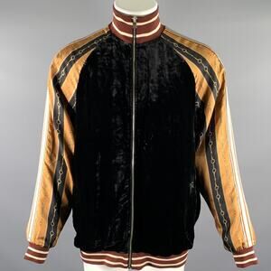 GUCCI Size XL Black Gold Burgundy Chain Print Viscose Silk Track Jacket